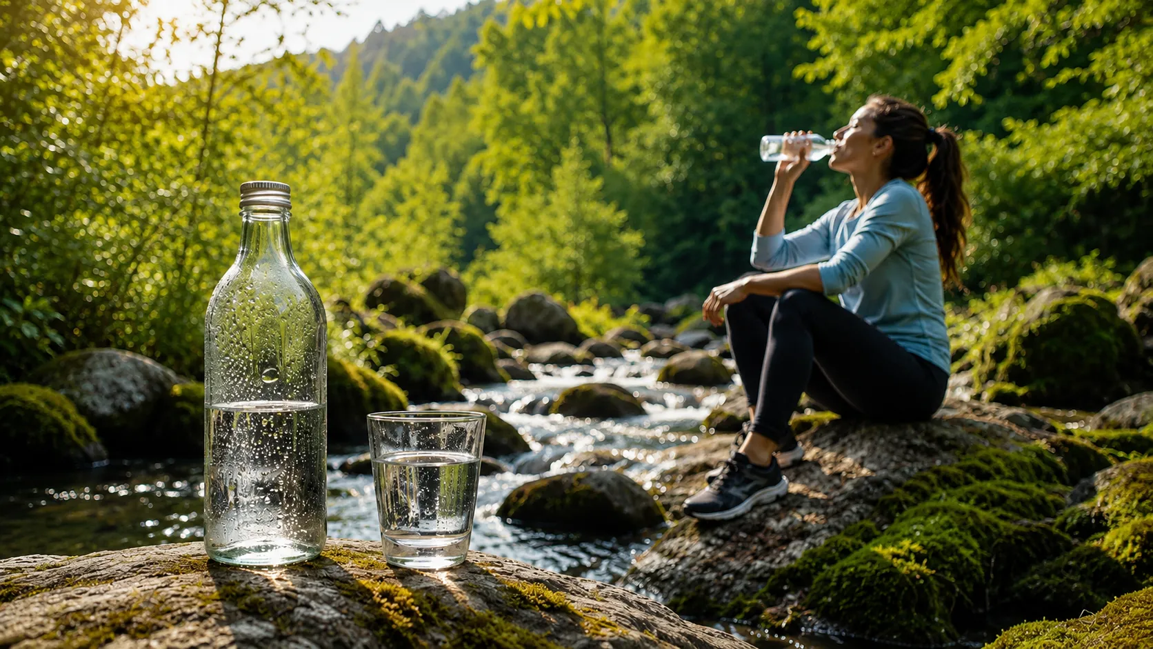 Persona bebiendo agua en un entorno natural junto a un arroyo, representando hidratación saludable y bienestar